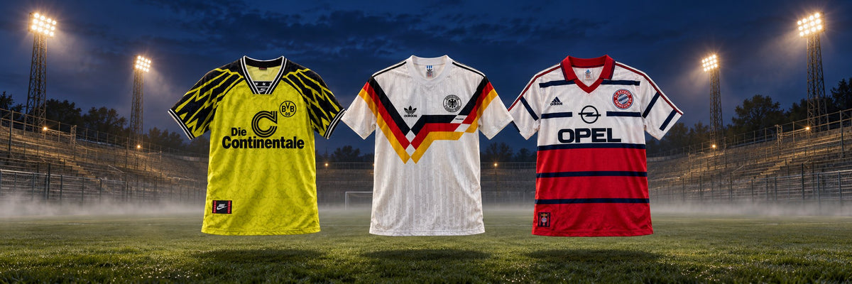 Retro-Trikots BVB 1994/95, Deutschland 1990 und FC Bayern 1997/98 im Flutlicht